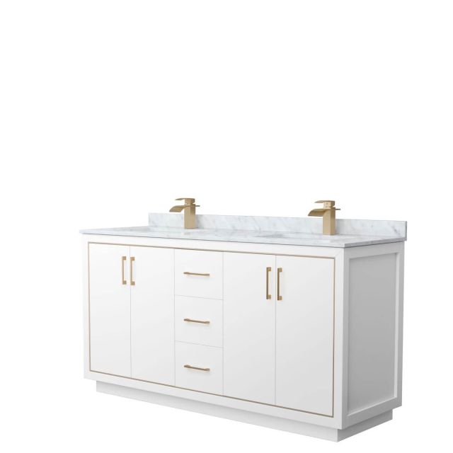 Wyndham Collection WCF111166DWZCMUNSMXX Icon 66 inch Double Bathroom Vanity in White with White Carrara Marble Countertop, Undermount Square Sinks and Satin Bronze Trim