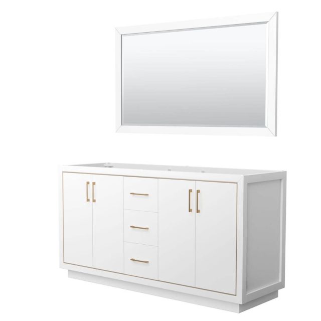 Wyndham Collection WCF111166DWZCXSXXM58 Icon 66 inch Double Bathroom Vanity in White with 58 Inch Mirror, Satin Bronze Trim, No Sink and No Countertop