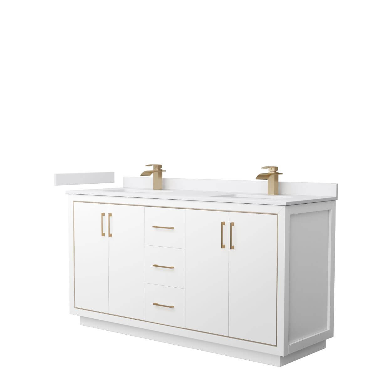 Wyndham Collection WCF111166DWZWCUNSMXX Icon 66 inch Double Bathroom Vanity in White with White Cultured Marble Countertop, Undermount Square Sinks and Satin Bronze Trim