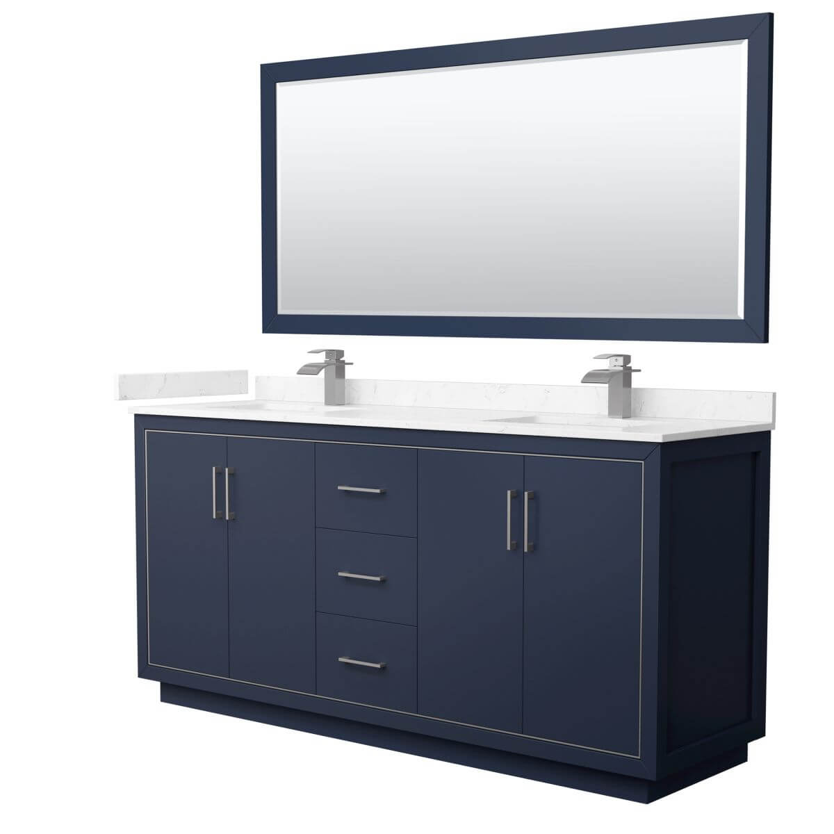 Wyndham Collection WCF111172DBNC2UNSM70 Icon 72 inch Double Bathroom Vanity in Dark Blue with Carrara Cultured Marble Countertop, Undermount Square Sinks, Brushed Nickel Trim and 70 Inch Mirror