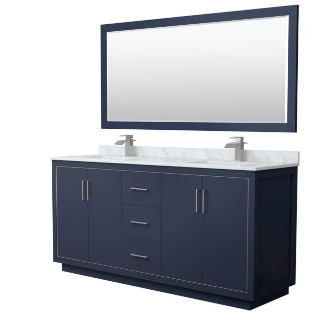 Wyndham Collection WCF111172DBNCMUNSM70 Icon 72 inch Double Bathroom Vanity in Dark Blue with White Carrara Marble Countertop, Undermount Square Sinks, Brushed Nickel Trim and 70 Inch Mirror