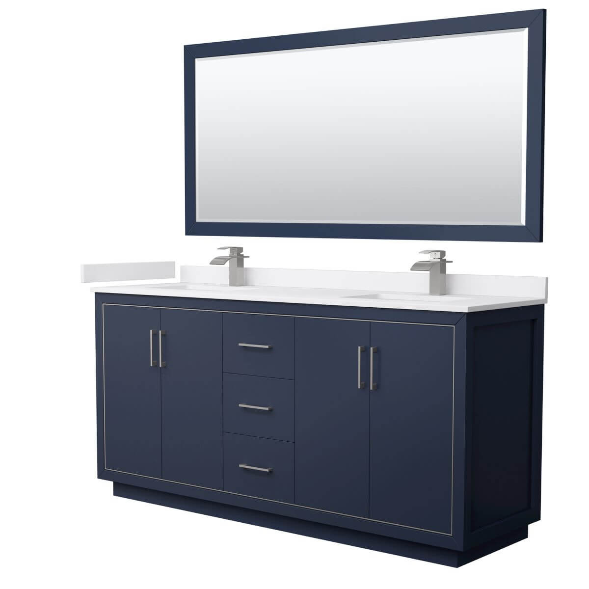Wyndham Collection WCF111172DBNWCUNSM70 Icon 72 inch Double Bathroom Vanity in Dark Blue with White Cultured Marble Countertop, Undermount Square Sinks, Brushed Nickel Trim and 70 Inch Mirror