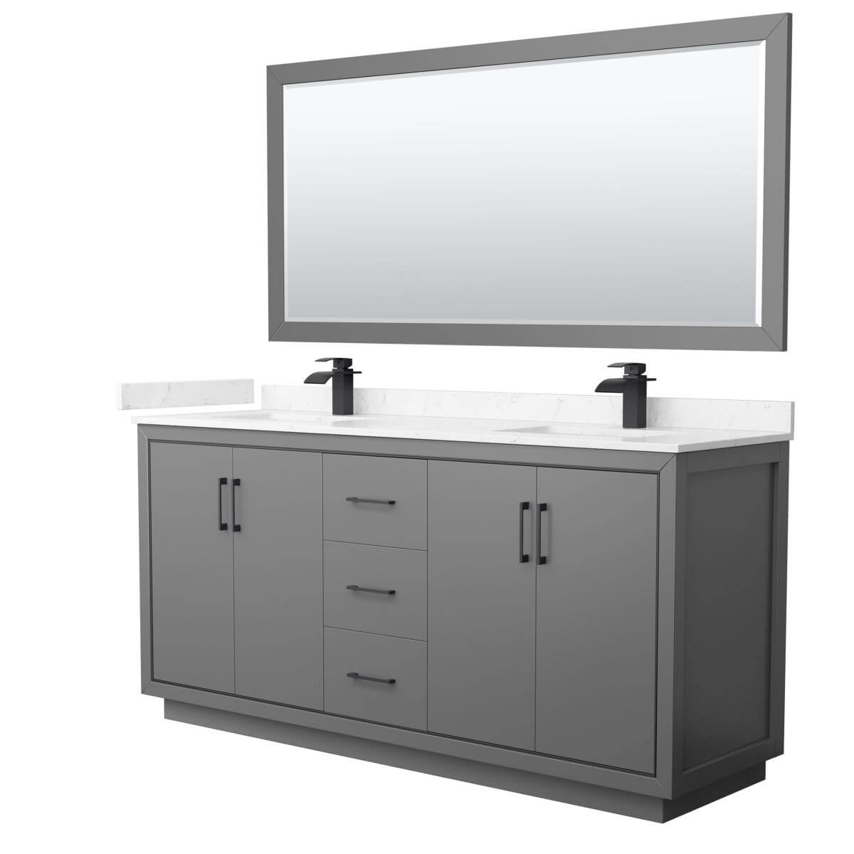 Wyndham Collection WCF111172DGBC2UNSM70 Icon 72 inch Double Bathroom Vanity in Dark Gray with Carrara Cultured Marble Countertop, Undermount Square Sinks, Matte Black Trim and 70 Inch Mirror