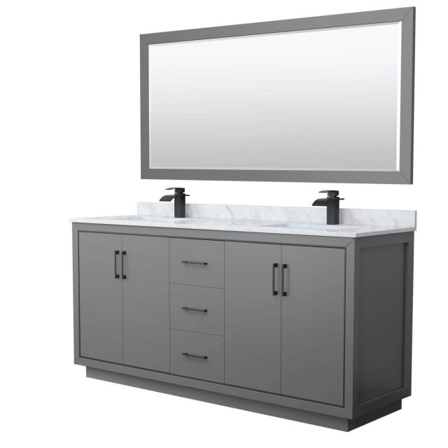 Wyndham Collection WCF111172DGBCMUNSM70 Icon 72 inch Double Bathroom Vanity in Dark Gray with White Carrara Marble Countertop, Undermount Square Sinks, Matte Black Trim and 70 Inch Mirror