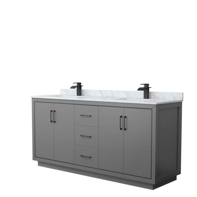 Wyndham Collection WCF111172DGBCMUNSMXX Icon 72 inch Double Bathroom Vanity in Dark Gray with White Carrara Marble Countertop, Undermount Square Sinks and Matte Black Trim