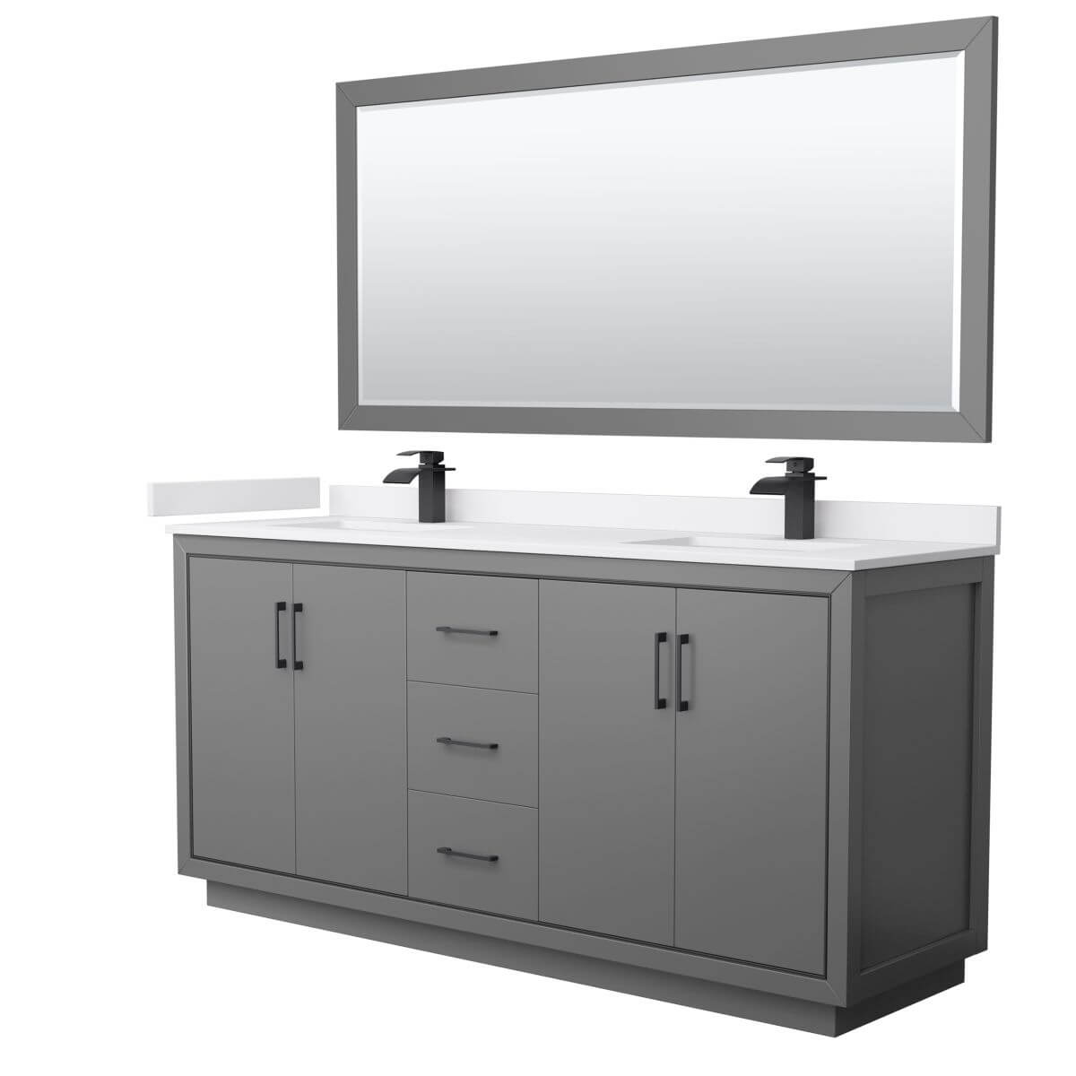 Wyndham Collection WCF111172DGBWCUNSM70 Icon 72 inch Double Bathroom Vanity in Dark Gray with White Cultured Marble Countertop, Undermount Square Sinks, Matte Black Trim and 70 Inch Mirror