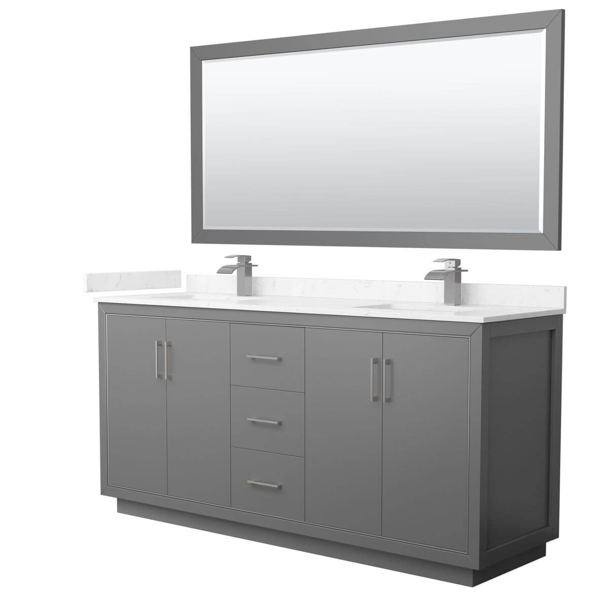 Wyndham Collection WCF111172DKGC2UNSM70 Icon 72 inch Double Bathroom Vanity in Dark Gray with Carrara Cultured Marble Countertop, Undermount Square Sinks, Brushed Nickel Trim and 70 Inch Mirror