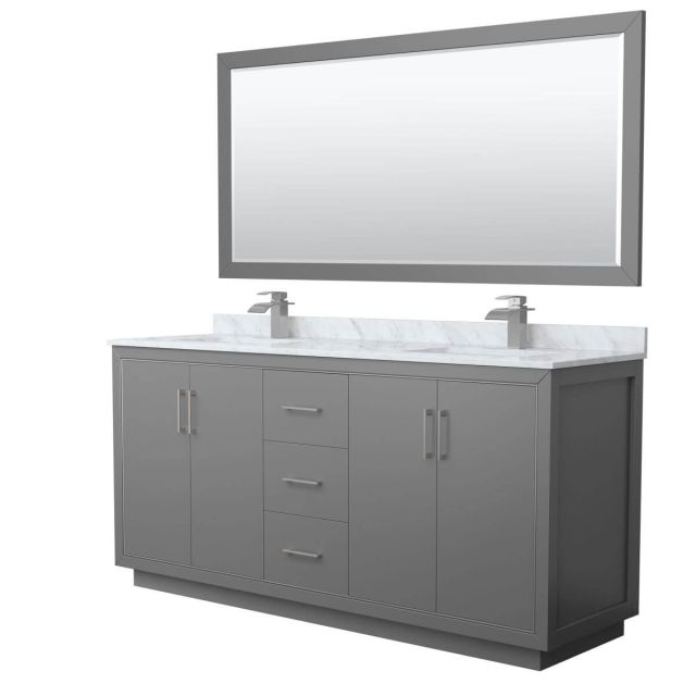 Wyndham Collection WCF111172DKGCMUNSM70 Icon 72 inch Double Bathroom Vanity in Dark Gray with White Carrara Marble Countertop, Undermount Square Sinks, Brushed Nickel Trim and 70 Inch Mirror
