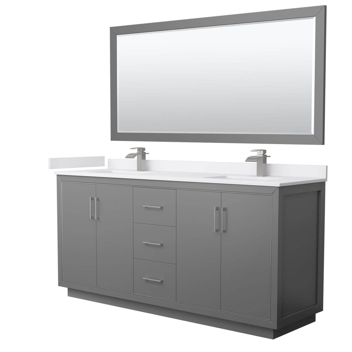 Wyndham Collection WCF111172DKGWCUNSM70 Icon 72 inch Double Bathroom Vanity in Dark Gray with White Cultured Marble Countertop, Undermount Square Sinks, Brushed Nickel Trim and 70 Inch Mirror