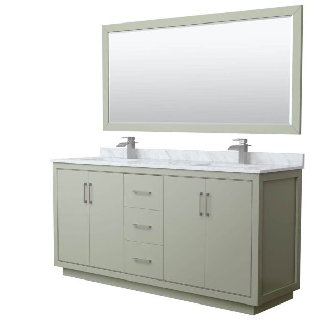 Wyndham Collection WCF111172DLGCMUNSM70 Icon 72 inch Double Bathroom Vanity in Light Green with White Carrara Marble Countertop, Undermount Square Sinks, Brushed Nickel Trim and 70 Inch Mirror