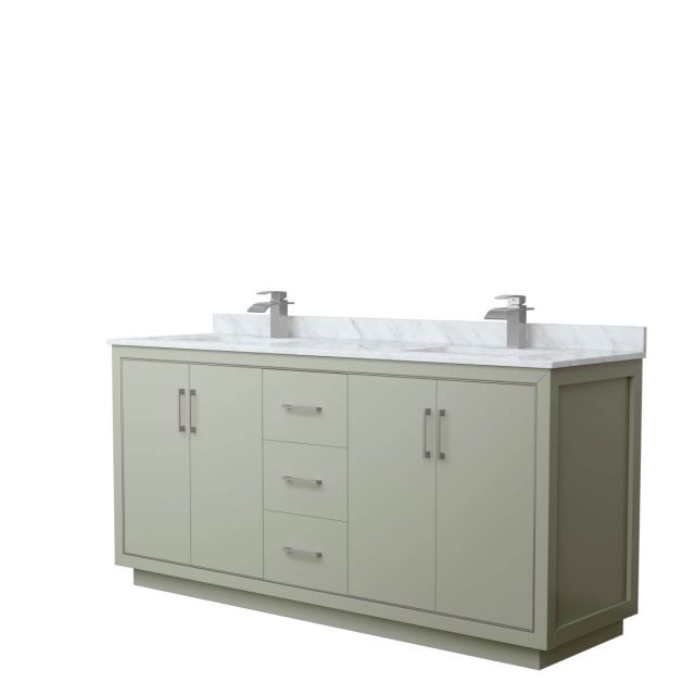 Wyndham Collection WCF111172DLGCMUNSMXX Icon 72 inch Double Bathroom Vanity in Light Green with White Carrara Marble Countertop, Undermount Square Sinks and Brushed Nickel Trim