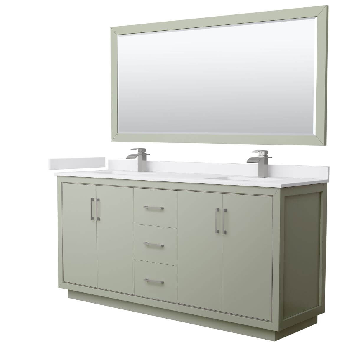 Wyndham Collection WCF111172DLGWCUNSM70 Icon 72 inch Double Bathroom Vanity in Light Green with White Cultured Marble Countertop, Undermount Square Sinks, Brushed Nickel Trim and 70 Inch Mirror