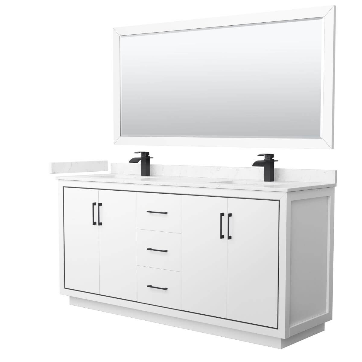 Wyndham Collection WCF111172DWBC2UNSM70 Icon 72 inch Double Bathroom Vanity in White with Carrara Cultured Marble Countertop, Undermount Square Sinks, Matte Black Trim and 70 Inch Mirror