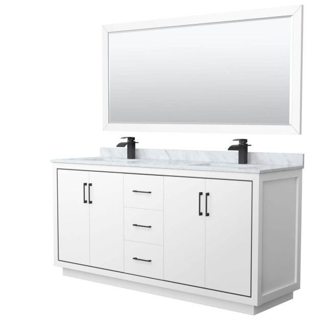Wyndham Collection WCF111172DWBCMUNSM70 Icon 72 inch Double Bathroom Vanity in White with White Carrara Marble Countertop, Undermount Square Sinks, Matte Black Trim and 70 Inch Mirror