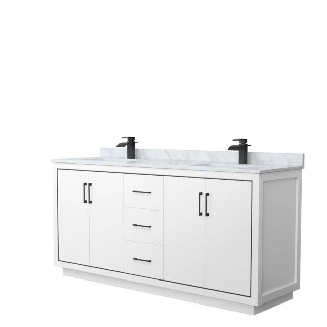 Wyndham Collection WCF111172DWBCMUNSMXX Icon 72 inch Double Bathroom Vanity in White with White Carrara Marble Countertop, Undermount Square Sinks and Matte Black Trim
