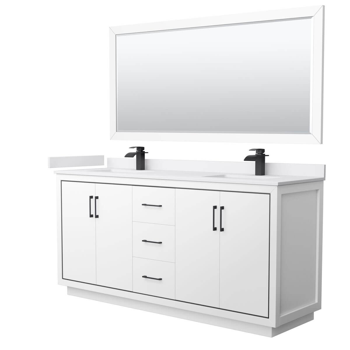 Wyndham Collection WCF111172DWBWCUNSM70 Icon 72 inch Double Bathroom Vanity in White with White Cultured Marble Countertop, Undermount Square Sinks, Matte Black Trim and 70 Inch Mirror