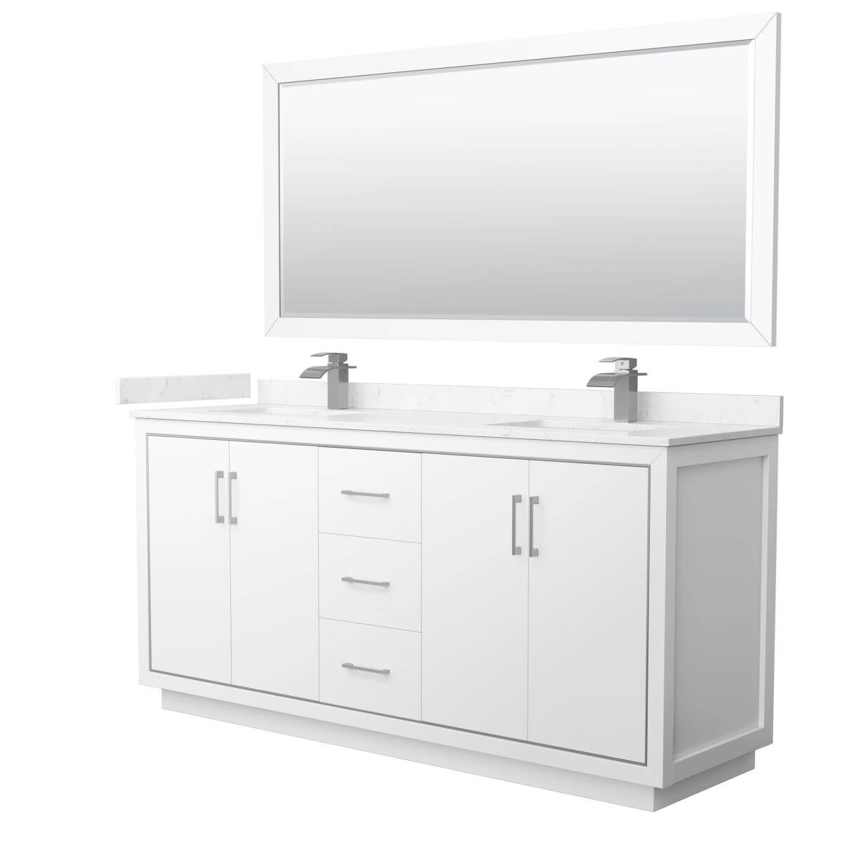 Wyndham Collection WCF111172DWHC2UNSM70 Icon 72 inch Double Bathroom Vanity in White with Carrara Cultured Marble Countertop, Undermount Square Sinks, Brushed Nickel Trim and 70 Inch Mirror