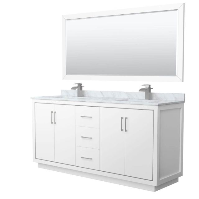 Wyndham Collection WCF111172DWHCMUNSM70 Icon 72 inch Double Bathroom Vanity in White with White Carrara Marble Countertop, Undermount Square Sinks, Brushed Nickel Trim and 70 Inch Mirror