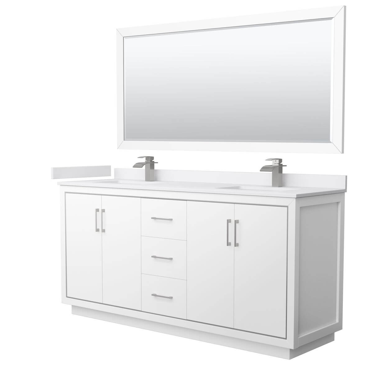 Wyndham Collection WCF111172DWHWCUNSM70 Icon 72 inch Double Bathroom Vanity in White with White Cultured Marble Countertop, Undermount Square Sinks, Brushed Nickel Trim and 70 Inch Mirror