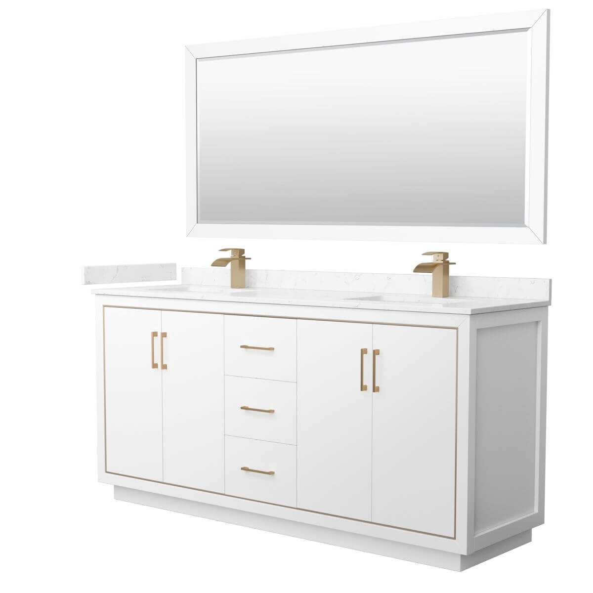Wyndham Collection WCF111172DWZC2UNSM70 Icon 72 inch Double Bathroom Vanity in White with Carrara Cultured Marble Countertop, Undermount Square Sinks, Satin Bronze Trim and 70 Inch Mirror