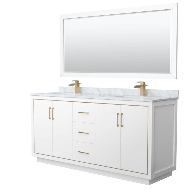 Wyndham Collection WCF111172DWZCMUNSM70 Icon 72 inch Double Bathroom Vanity in White with White Carrara Marble Countertop, Undermount Square Sinks, Satin Bronze Trim and 70 Inch Mirror