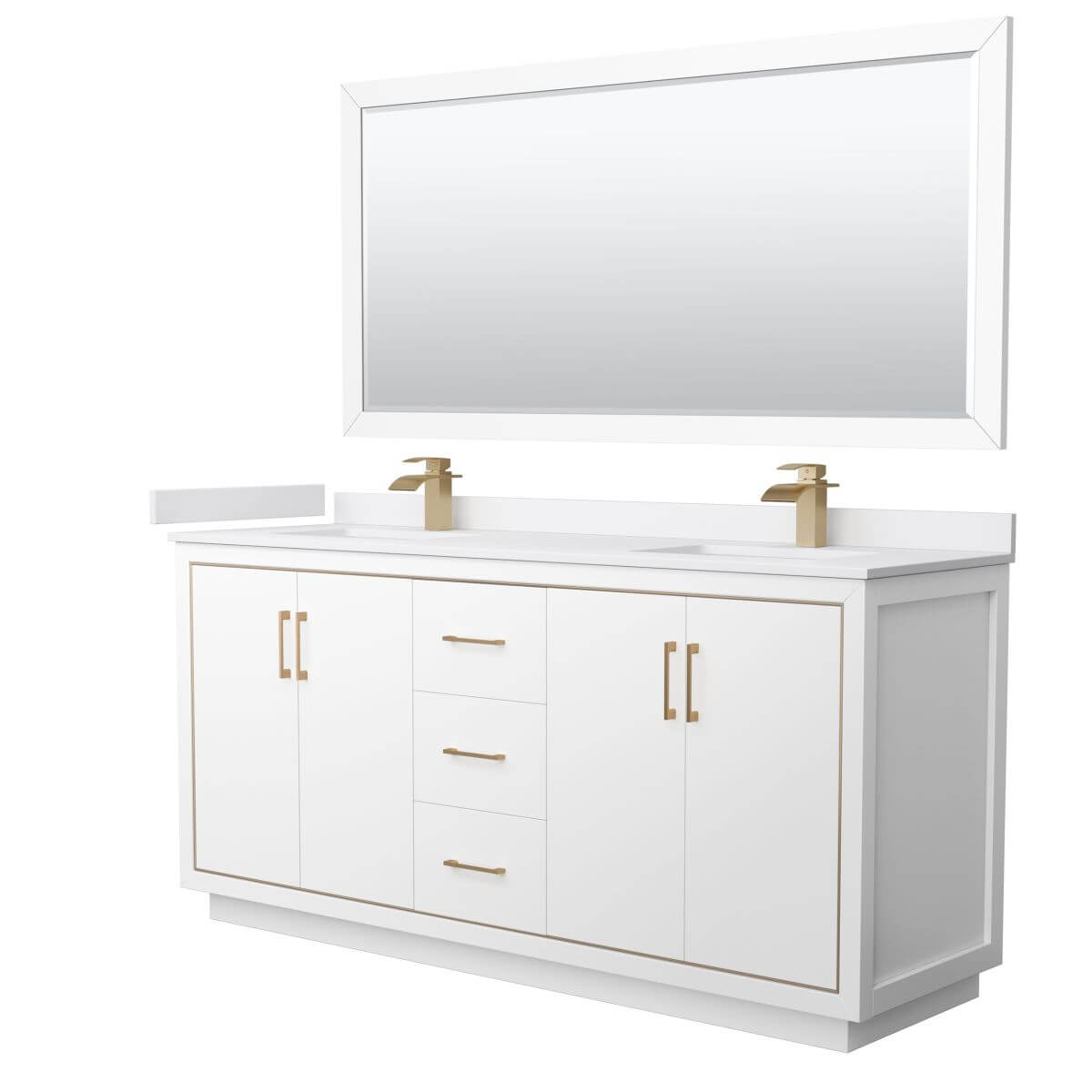 Wyndham Collection WCF111172DWZWCUNSM70 Icon 72 inch Double Bathroom Vanity in White with White Cultured Marble Countertop, Undermount Square Sinks, Satin Bronze Trim and 70 Inch Mirror