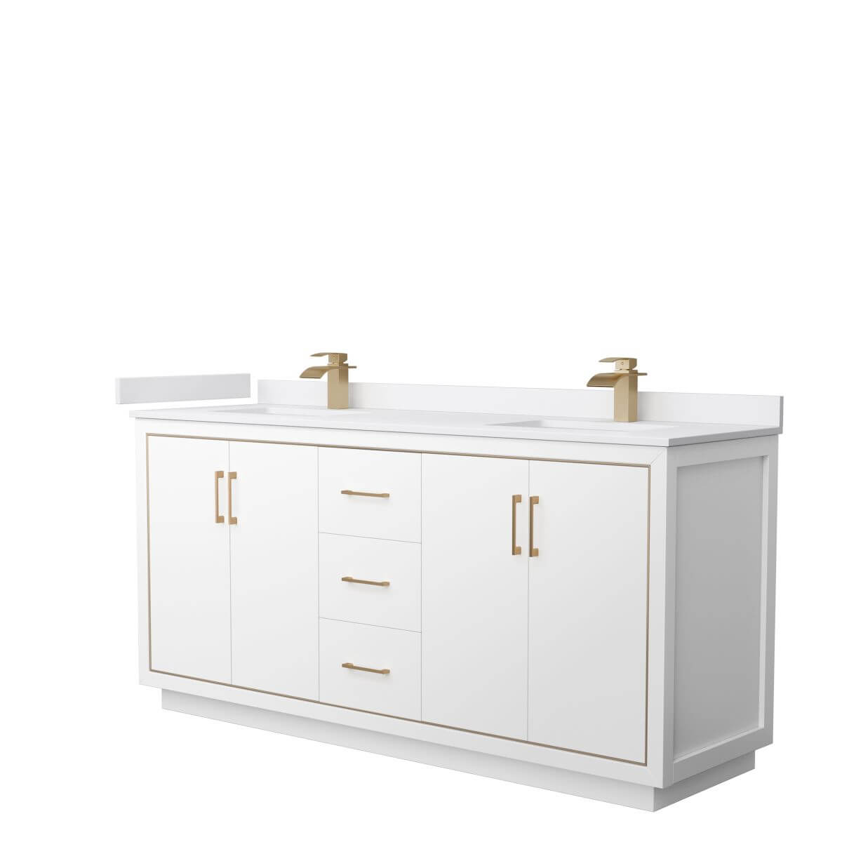 Wyndham Collection WCF111172DWZWCUNSMXX Icon 72 inch Double Bathroom Vanity in White with White Cultured Marble Countertop, Undermount Square Sinks and Satin Bronze Trim
