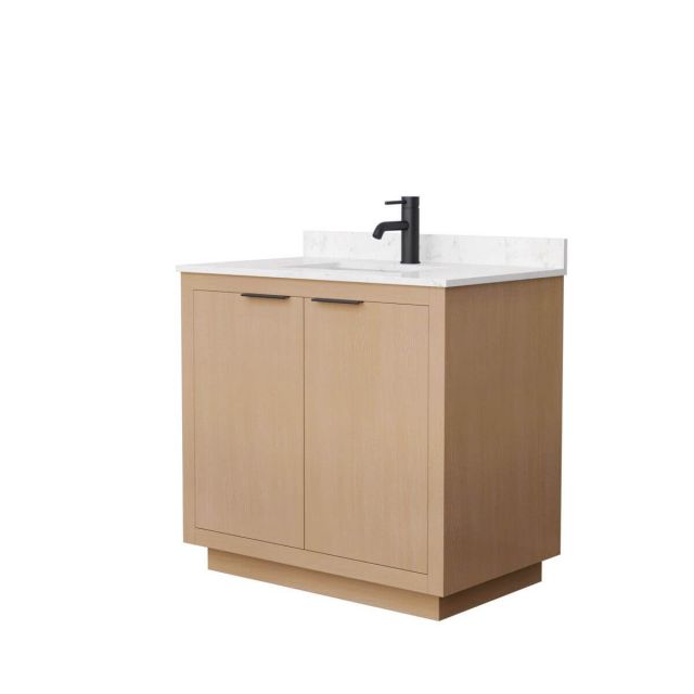 Wyndham Collection Maroni 36 inch Single Bathroom Vanity in Light Straw with Light-Vein Carrara Cultured Marble Countertop, Undermount Square Sink and Matte Black Trim - WCF282836SLBC2UNSMXX