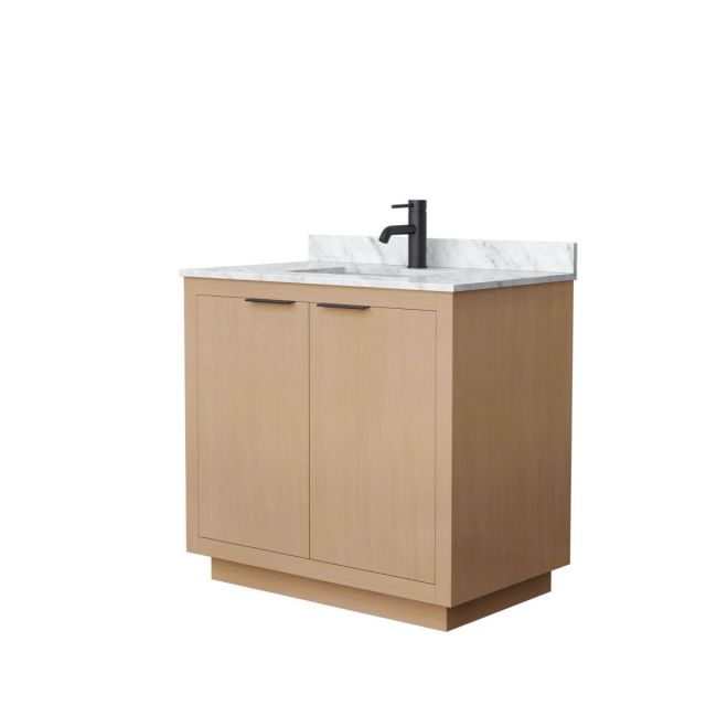 Wyndham Collection Maroni 36 inch Single Bathroom Vanity in Light Straw with White Carrara Marble Countertop, Undermount Square Sink and Matte Black Trim - WCF282836SLBCMUNSMXX
