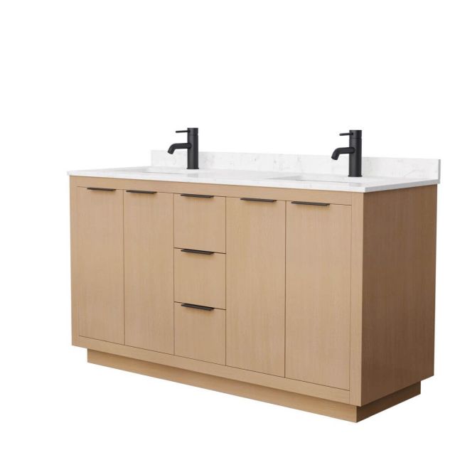 Wyndham Collection Maroni 60 inch Double Bathroom Vanity in Light Straw with Light-Vein Carrara Cultured Marble Countertop, Undermount Square Sinks and Matte Black Trim - WCF282860DLBC2UNSMXX