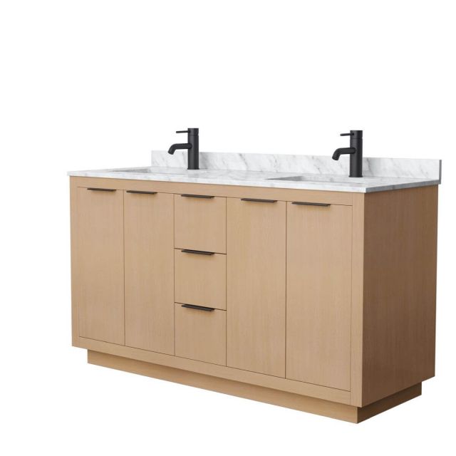 Wyndham Collection Maroni 60 inch Double Bathroom Vanity in Light Straw with White Carrara Marble Countertop, Undermount Square Sinks and Matte Black Trim - WCF282860DLBCMUNSMXX