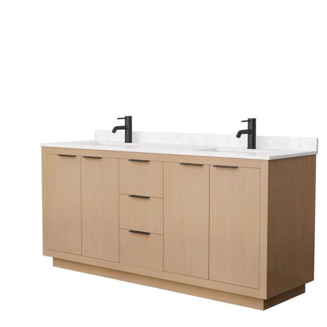 Wyndham Collection Maroni 72 inch Double Bathroom Vanity in Light Straw with Light-Vein Carrara Cultured Marble Countertop, Undermount Square Sinks and Matte Black Trim - WCF282872DLBC2UNSMXX