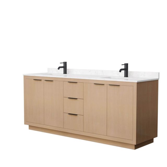 Wyndham Collection Maroni 80 inch Double Bathroom Vanity in Light Straw with Light-Vein Carrara Cultured Marble Countertop, Undermount Square Sinks and Matte Black Trim - WCF282880DLBC2UNSMXX