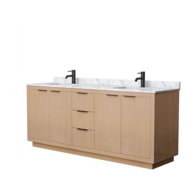 Wyndham Collection Maroni 80 inch Double Bathroom Vanity in Light Straw with White Carrara Marble Countertop, Undermount Square Sinks and Matte Black Trim - WCF282880DLBCMUNSMXX