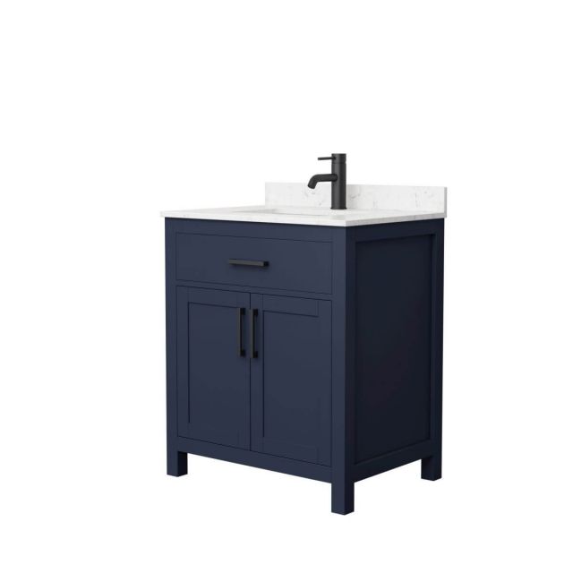 Wyndham Collection Beckett 30 inch Single Bathroom Vanity in Dark Blue with Carrara Cultured Marble Countertop, Undermount Square Sink and Matte Black Trim - WCG242430SBBCCUNSMXX