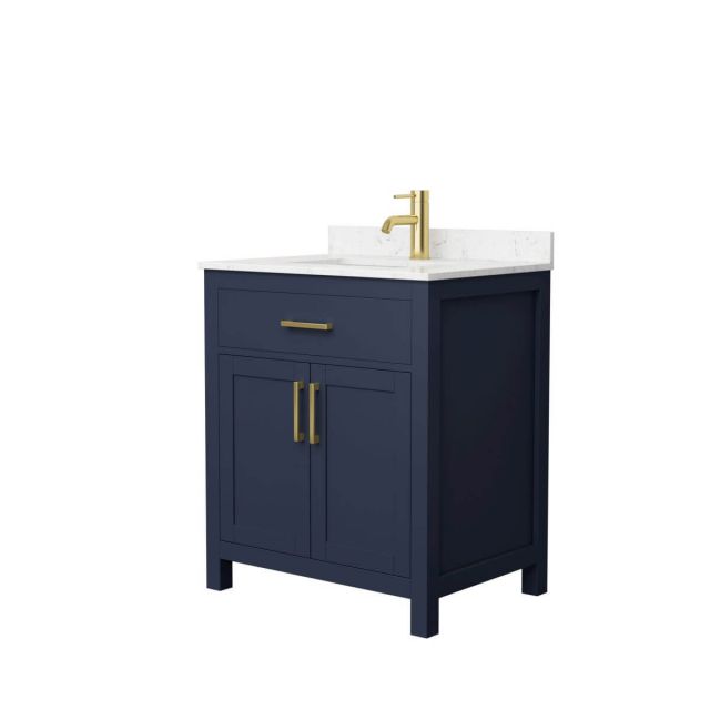 Wyndham Collection Beckett 30 inch Single Bathroom Vanity in Dark Blue with Carrara Cultured Marble Countertop, Undermount Square Sink and Brushed Gold Trim - WCG242430SBLCCUNSMXX