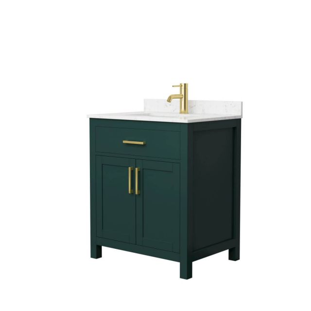 Wyndham Collection Beckett 30 inch Single Bathroom Vanity in Green with Carrara Cultured Marble Countertop, Undermount Square Sink and Brushed Gold Trim - WCG242430SGDCCUNSMXX