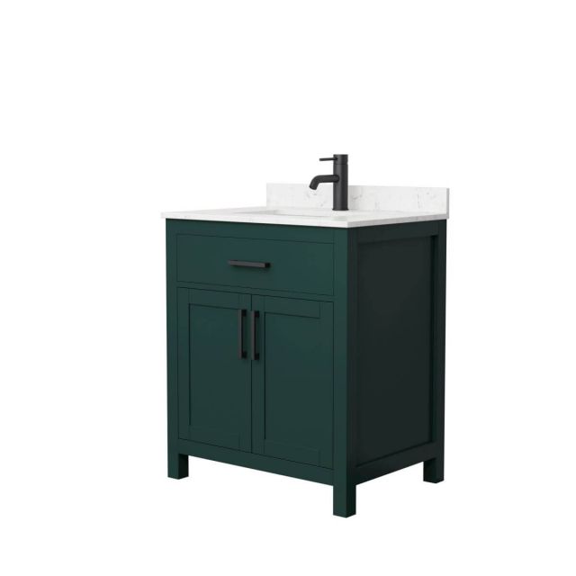 Wyndham Collection Beckett 30 inch Single Bathroom Vanity in Green with Carrara Cultured Marble Countertop, Undermount Square Sink and Matte Black Trim - WCG242430SGKCCUNSMXX