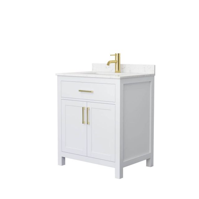 Wyndham Collection Beckett 30 inch Single Bathroom Vanity in White with Carrara Cultured Marble Countertop, Undermount Square Sink and Brushed Gold Trim - WCG242430SWGCCUNSMXX