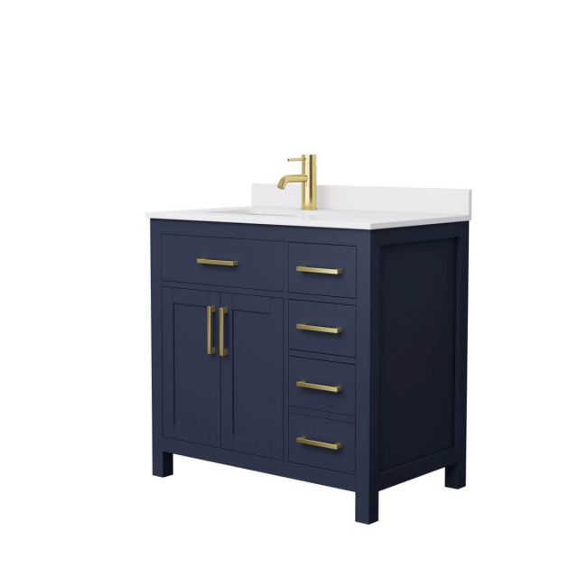Wyndham Collection Beckett 36 inch Single Bathroom Vanity in Dark Blue with White Cultured Marble Countertop, Undermount Square Sink and Brushed Gold Trim - WCG242436SBLWCUNSMXX