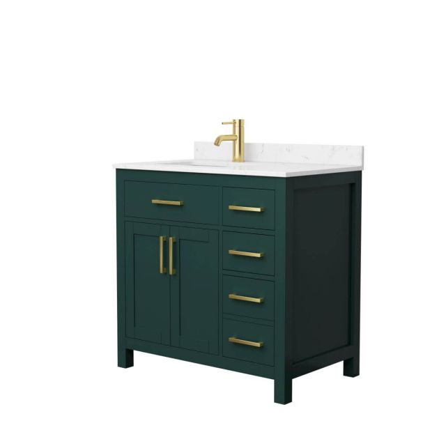 Wyndham Collection Beckett 36 inch Single Bathroom Vanity in Green with Carrara Cultured Marble Countertop, Undermount Square Sink and Brushed Gold Trim - WCG242436SGDCCUNSMXX