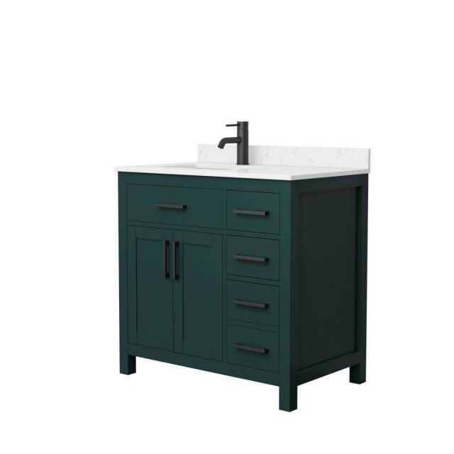 Wyndham Collection Beckett 36 inch Single Bathroom Vanity in Green with Carrara Cultured Marble Countertop, Undermount Square Sink and Matte Black Trim - WCG242436SGKCCUNSMXX