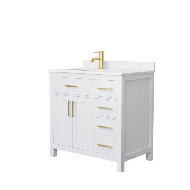 Wyndham Collection Beckett 36 inch Single Bathroom Vanity in White with Carrara Cultured Marble Countertop, Undermount Square Sink and Brushed Gold Trim - WCG242436SWGCCUNSMXX