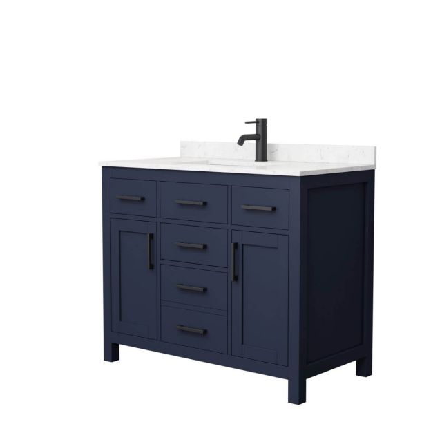 Wyndham Collection Beckett 42 inch Single Bathroom Vanity in Dark Blue with Carrara Cultured Marble Countertop, Undermount Square Sink and Matte Black Trim - WCG242442SBBCCUNSMXX