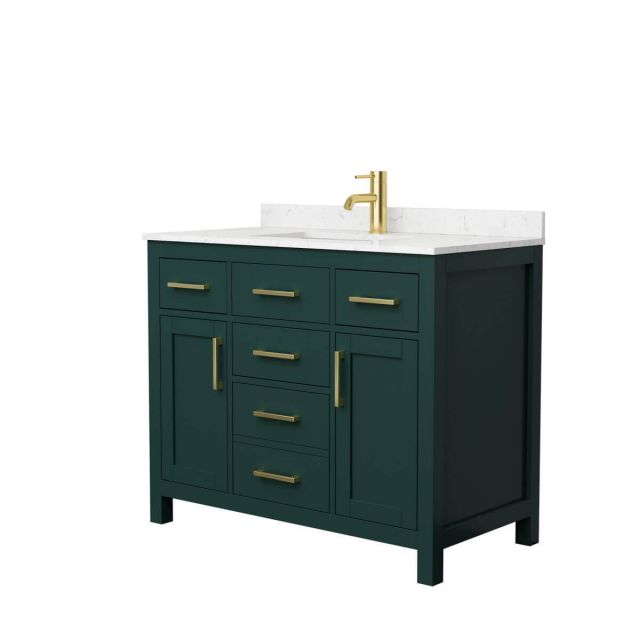Wyndham Collection Beckett 42 inch Single Bathroom Vanity in Green with Carrara Cultured Marble Countertop, Undermount Square Sink and Brushed Gold Trim - WCG242442SGDCCUNSMXX