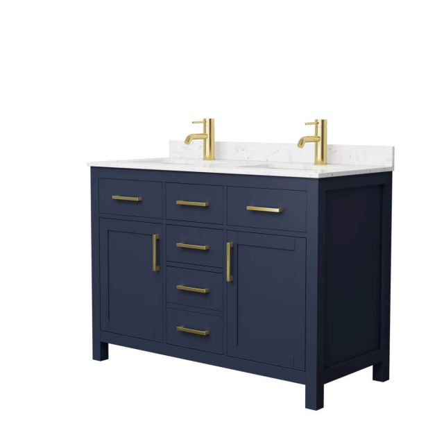 Wyndham Collection Beckett 48 inch Double Bathroom Vanity in Dark Blue with Carrara Cultured Marble Countertop, Undermount Square Sinks and Brushed Gold Trim - WCG242448DBLCCUNSMXX