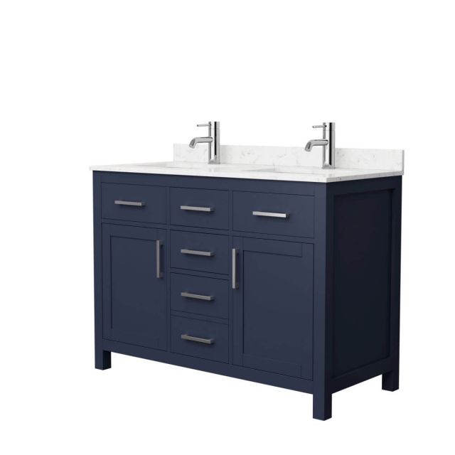 Wyndham Collection Beckett 48 inch Double Bathroom Vanity in Dark Blue with Carrara Cultured Marble Countertop, Undermount Square Sinks and Brushed Nickel Trim - WCG242448DBNCCUNSMXX