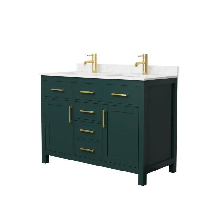 Wyndham Collection Beckett 48 inch Double Bathroom Vanity in Green with Carrara Cultured Marble Countertop, Undermount Square Sinks and Brushed Gold Trim - WCG242448DGDCCUNSMXX