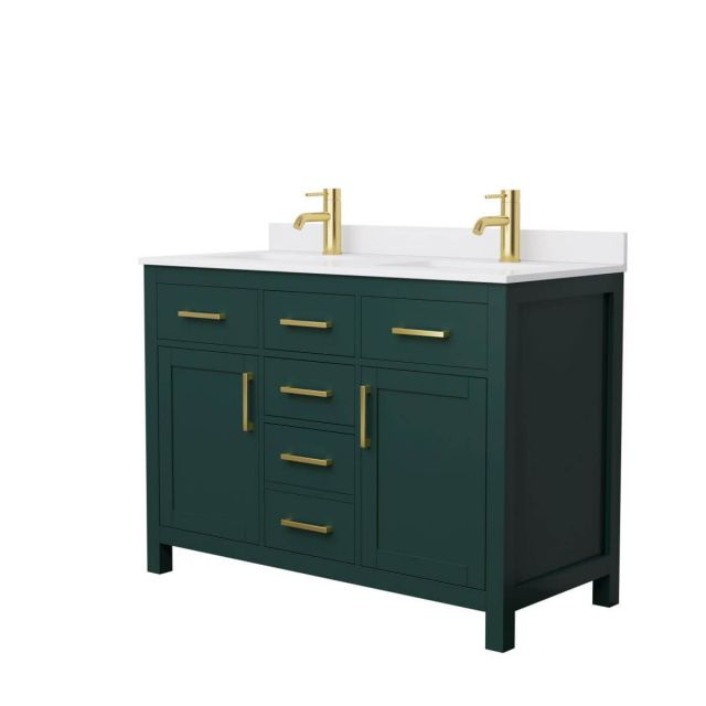 Wyndham Collection Beckett 48 inch Double Bathroom Vanity in Green with White Cultured Marble Countertop, Undermount Square Sinks and Brushed Gold Trim - WCG242448DGDWCUNSMXX