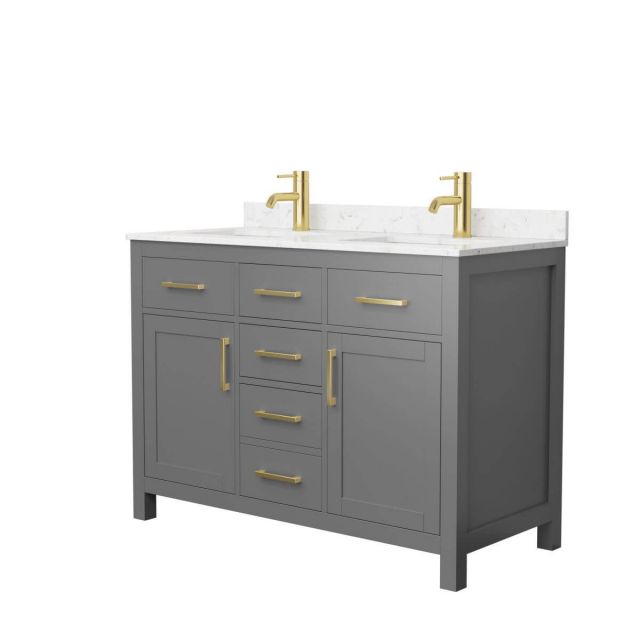 Wyndham Collection Beckett 48 inch Double Bathroom Vanity in Dark Gray with Carrara Cultured Marble Countertop, Undermount Square Sinks and Brushed Gold Trim - WCG242448DGGCCUNSMXX